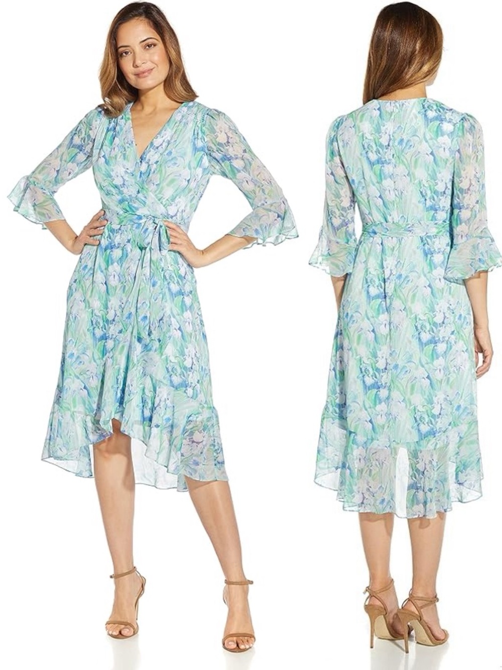 Adrianna Papell Chiffon Midi Dress Blue Multi 2 NWT Floral Watercolor Ruffle